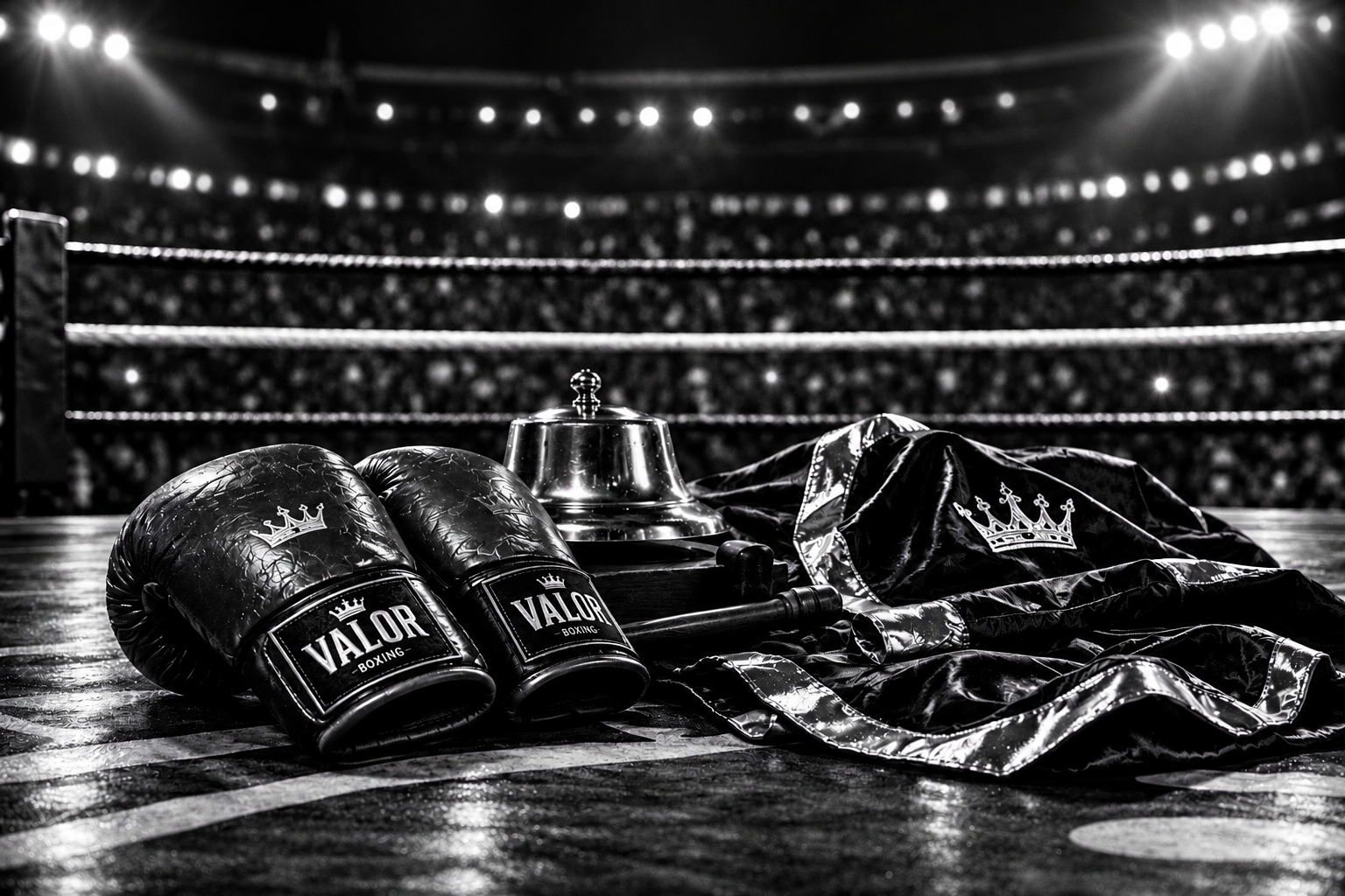 Leather boxing gloves, a ring bell and a crowned championship robe laid out ringside